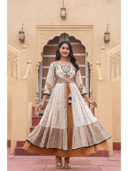 Juniper - Off White and Mustard Embroidered Tiered Ethnic Maxi Dress with Dori