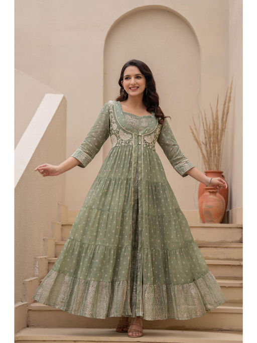 Buy Juniper Sage Green Embroidered Flared Maxi Dress with Inner Slip (S)  Online