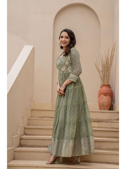Buy Juniper Sage Green Embroidered Flared Maxi Dress with Inner Slip (S)  Online