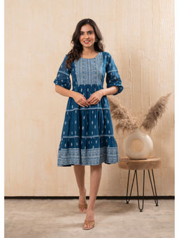 Juniper - Indigo Blue Printed Boho Knee-Length Fit and Flare Knee Length Dress