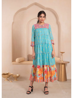 Juniper - Blue Flared Panelled Printed Floral Hem and Yoke Embroidery Maxi Dress