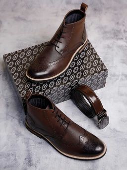 Louis Stitch - Men Brunette Brown Mid-Top Leather Lace-Up Chukka Boots