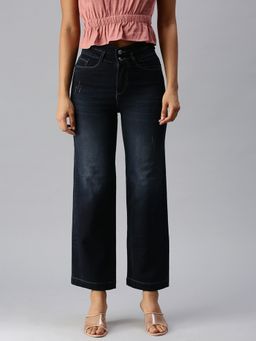 SHOWOFF - Women Low Distress Navy Blue Wide Leg Denim Jeans