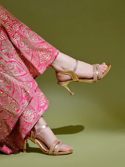 Shoetopia - Festive Rose Gold Open Toe Stiletto Sandal Heels