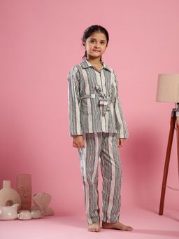 SAY - Girls White Cotton Printed Top with Pyjama with Belt (Set of 2)