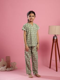 SAY - Girls Green Cotton Printed Top with Pyjama (Set of 2)