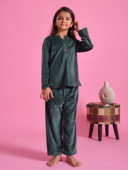 SAY - Girls Green Velvet Solid/Plain Top with Pyjama (Set of 2)