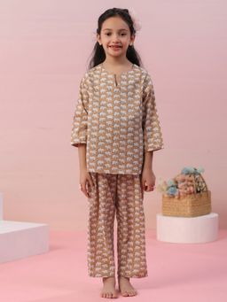 SAY - Girls Brown Cotton Printed Top with Pyjama (Set of 2)