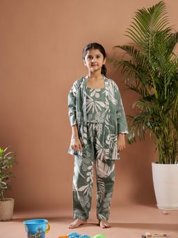SAY - Girls Green Cotton Printed Top with Pyjama with Shrug (Set of 3)