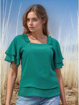 RARE - Women Casual Green Colour Square Neck Solid Regular Top