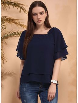RARE - Women Casual Navy Blue Colour Square Neck Solid Regular Top