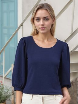 RARE - Women Casual Navy Blue Colour Round Neck Solid Regular Top