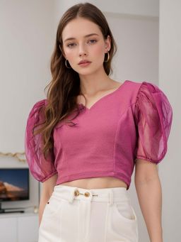 RARE - Women Casual Dark Pink Colour V-Neck Self Design Regular Crop Top