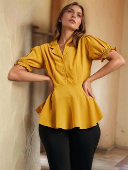 RARE - Women Casual Mustard Colour Shirt Collar Solid Peplum Top