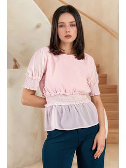 RARE - Women Casual Pink Colour Round Neck Solid Cinched Waist Crop Top