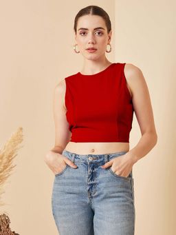 RARE - Women Casual Red Colour Round Neck Solid Tank Crop Top