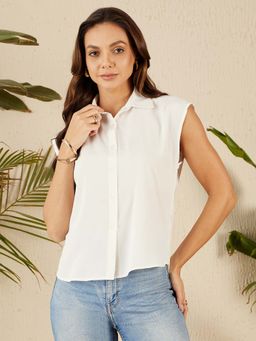 RARE - Women Casual White Regular Fit Solid No Sleeves Spread Collar Shirt
