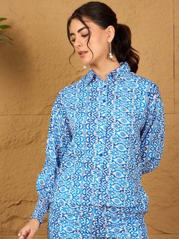 RARE - Women Casual Blue Regular Fit Printed Regular Sleeves Spread Collar Shirt