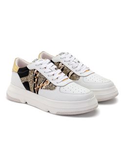 Saint G - Pu Coated White Leather and Gold Stud Women Sneaker