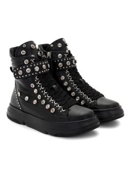 Saint G - Black Pu Coated Leather and Glass Stud Women Sneaker