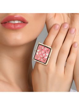 Fida - Handmade Bridal Gold -Plated Floral Pink Meenakari Square Pearl Kundan Ring for Women