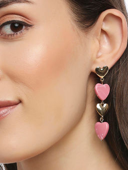 Lilly & Sparkle - Gold Toned Pink and Gold Hearts Dangler Earrings