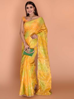Indi Inside - Yellow Green Printed Saree Embellished with Unstitched Contrast Blouse