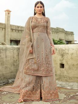 Stylee LIFESTYLE - Beige Net Embroidered Dress Material (Set of 3)