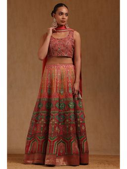 Soch - Peach Floral Choli with Pair of Unstitched Sleeves and Lehenga, Dupatta