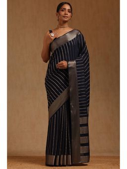 Soch - Navy Blue Stripes Saree with Unstitched Blouse