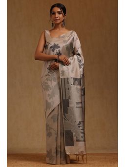 Soch - Silver Floral Saree with Unstitched Blouse