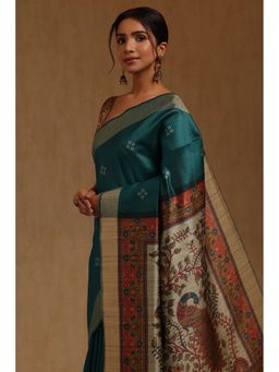Soch - Teal Printed Saree with Unstitched Blouse