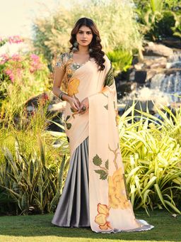Tikhi Imli - Grey Floral Saree with Unstitched Blouse