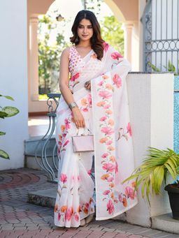 Tikhi Imli - White Floral Pre-Draped Saree with Unstitched Blouse
