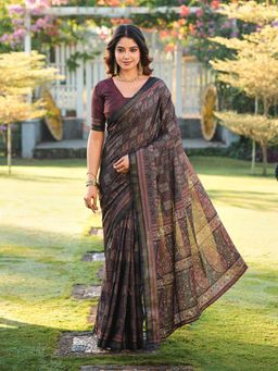Tikhi Imli - Black Printed Pre-Draped Saree with Unstitched Blouse