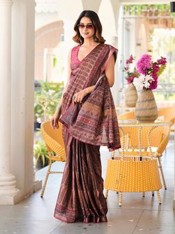 Tikhi Imli - Brown Printed Pre-Draped Saree with Unstitched Blouse