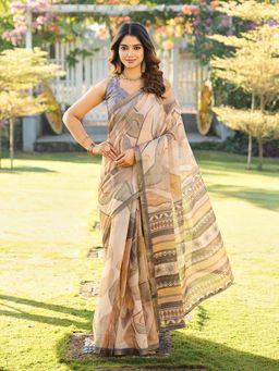 Tikhi Imli - Beige Printed Pre-Draped Saree with Unstitched Blouse