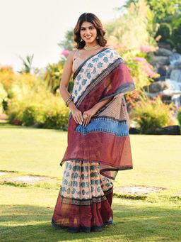 Tikhi Imli - Beige Printed Pre-Draped Saree with Unstitched Blouse