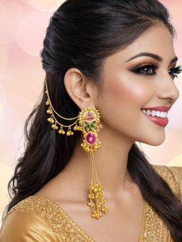 OOMPH - Long Kashmiri Drop Earrings With Hair Kaan Chain - With Ghungroo Detailing