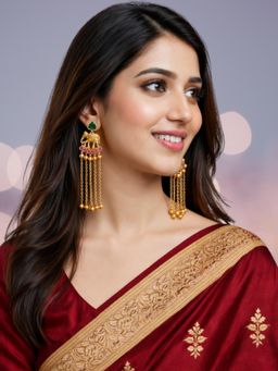OOMPH - Long Kashmiri Drop Earrings- Temple Elephant Design With Ghungroo Detailing