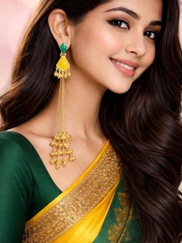 OOMPH - Long Kashmiri Drop Earrings - Engraved Jaipur Stones With Ghungroo Detailing