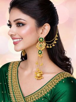 OOMPH - Green Long Kashmiri Drop Jhumka Earrings With Kaan Chain - Ghungroo Detailing