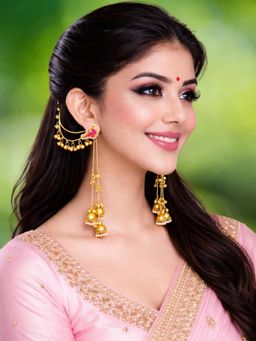 OOMPH - Long Kashmiri Drop Earrings With Hair Kaan Chain - Ghungroo Detailing