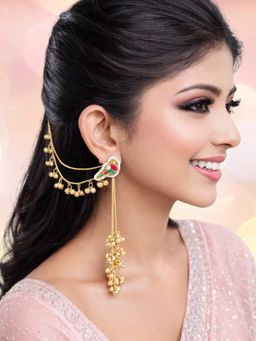 OOMPH - Long Kashmiri Drop Earrings With Hair Kaan Chain - Ghungroo Detailing