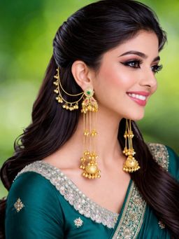 OOMPH - Long Kashmiri Drop Earrings With Hair Kaan Chain - With Ghungroo Detailing