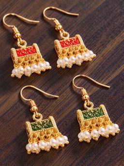 OOMPH - Meenakari Jhumki Earrings -- Rani Pink And Green - Small Palki Design (Pack of 2)