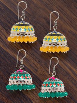 OOMPH - Meenakari Jhumki Earrings - Yellow And Green - Menhdi Haldi Collection (Pack of 2)