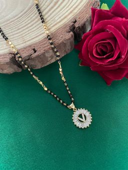 Digital Dress Room - V Letter Alphabet American Diamond Round Pendant Short Name Mangalsutra Design