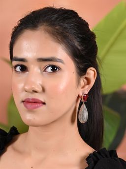 Ratnavali Jewels - Silver Plated American Diamond Cz Red Long Dangle Earring