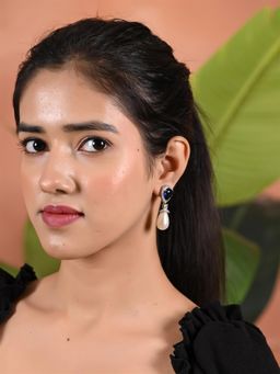 Ratnavali Jewels - Silver Plated Navy Blue American Diamond Pearl Drop Dangle Earring